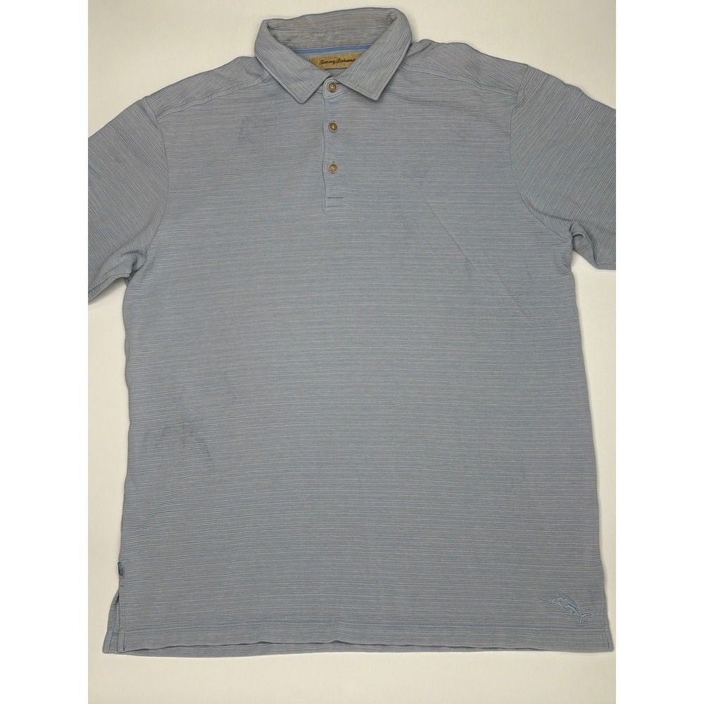 Tommy Bahama Mens Large Silk Cotton Polo Shirt Blue Textured Short Sleeve Marlin